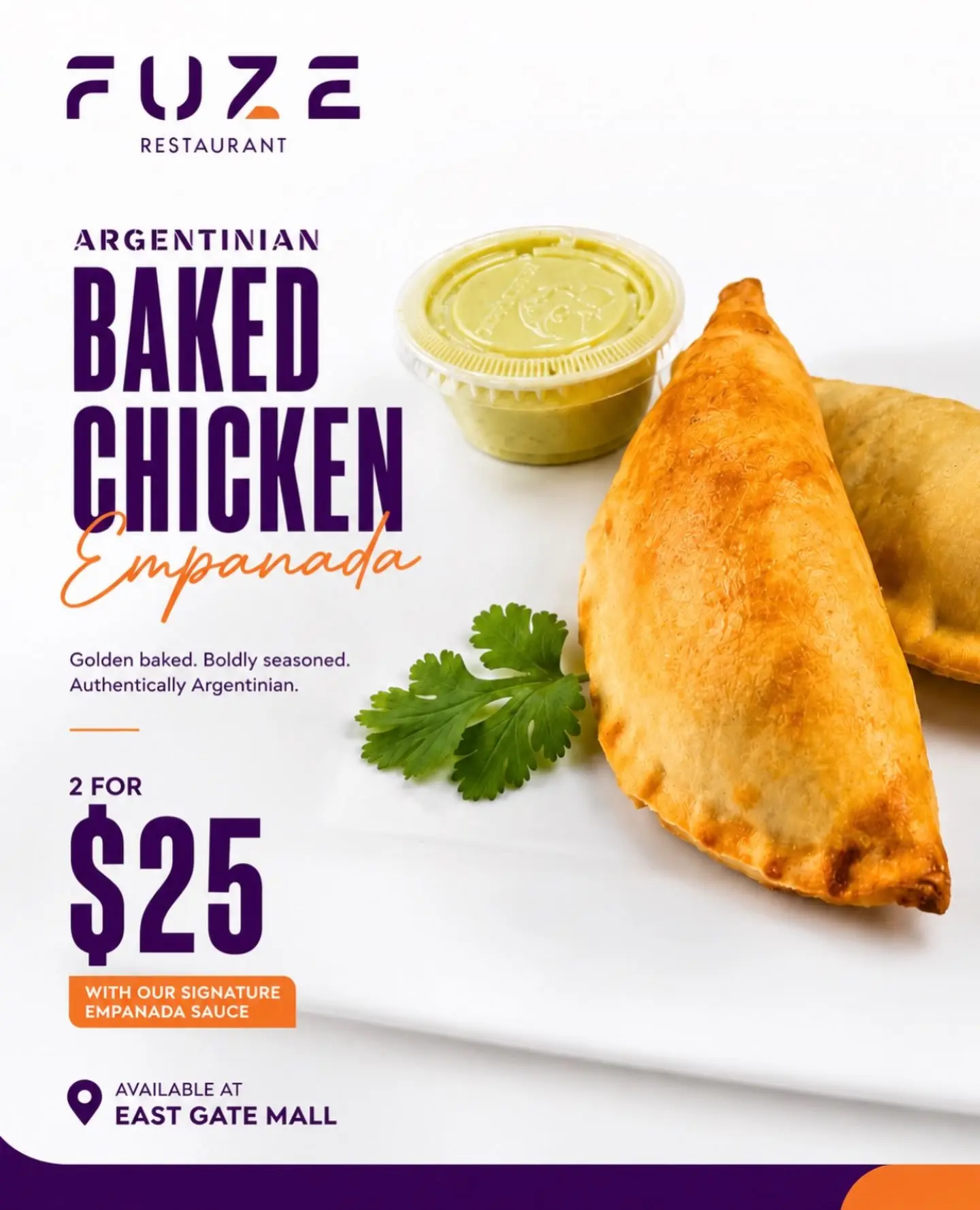 Complete Fuze baked chicken empanadas promotion with signature sauce