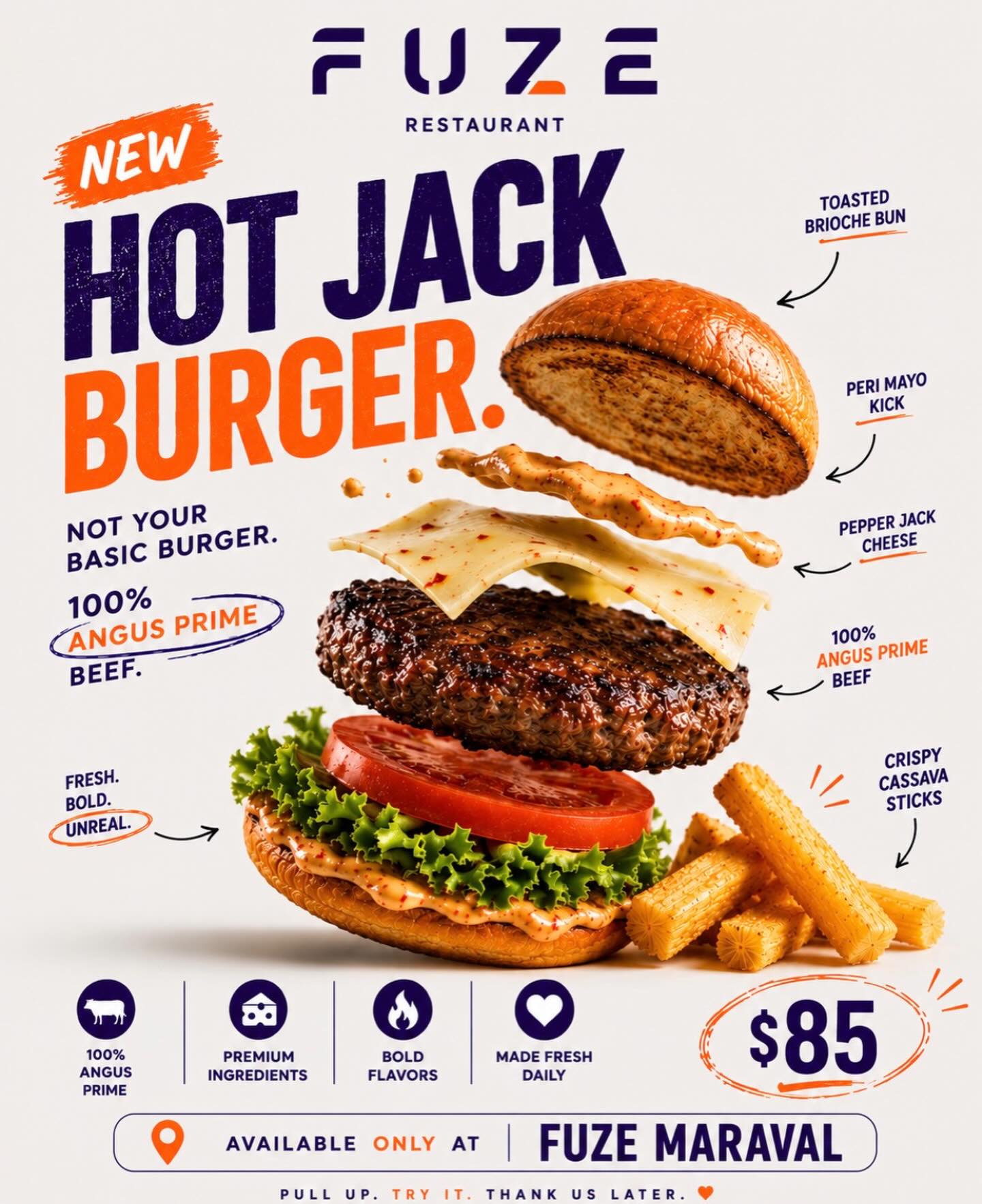 Fuze Hot Jack Burger special with Angus beef, pepper jack cheese and cassava sticks